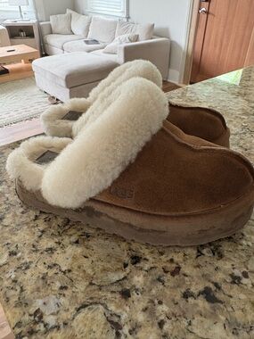 UGG Chestnut Suede Shearling Slide Slippers with Cream Cuff